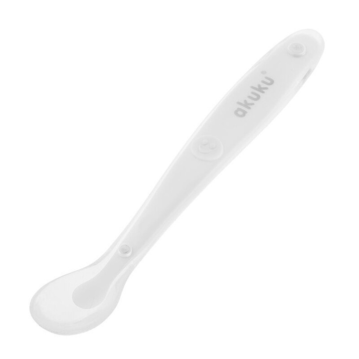 Lingurita din silicon pentru bebelusi Akuku Soft Spoon White, textura moale ce nu raneste gingiile, maner ergonomic, fara bpa, compatibila cu masina de vase