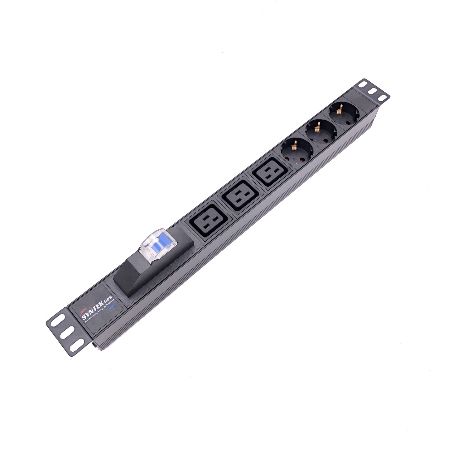 PDU monofazat Syntek 4000W, cu protectie MCB, 6 iesiri: 3xSchuko + 3xIEC-320 C19, instalare orizontala in Rack 19