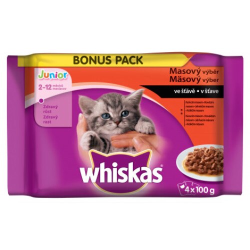 Hrana pentru pisici Whiskas Junior plic cu pui/vita in sos 4 X 100 g