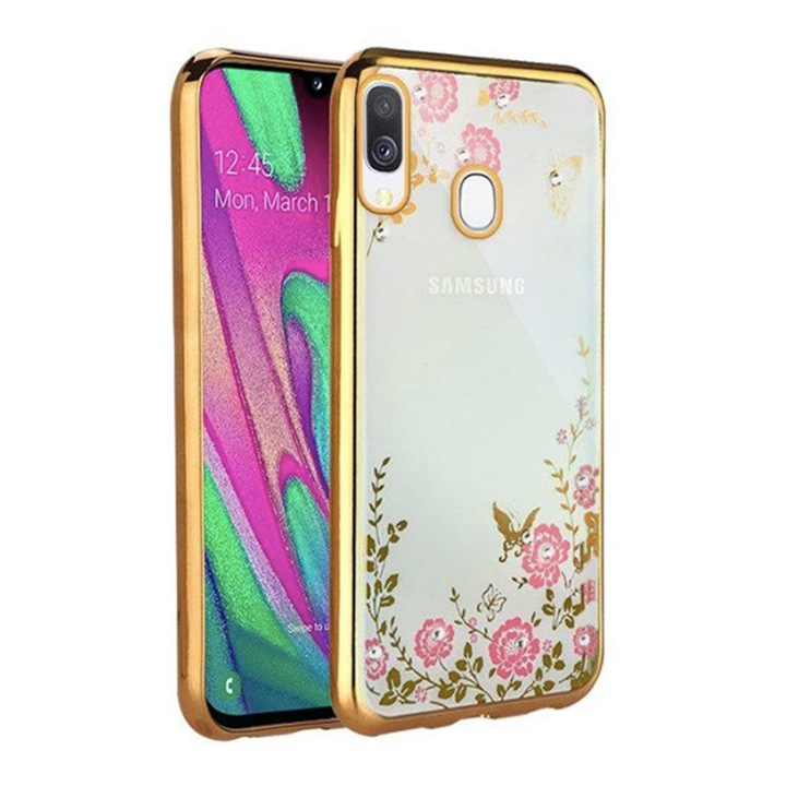 Husa 3D Diamond Flower din silicon, Electroplacata pe margini, Ultra-slim, pentru Samsung Galaxy A20, Gold