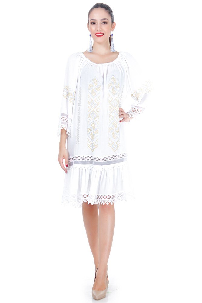 Rochie vascoza pe alb cu broderie Liza Panait ID-31E