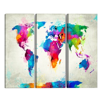 Tablou canvas 3 piese - Harta lumii o explozie a culorilor - 90 x 60 cm Tablou canvas 3 piese - Harta lumii o explozie a culorilor - 90 x 60 cm