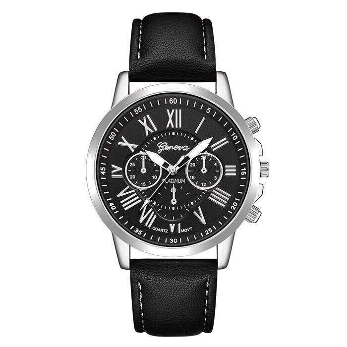 Ceas Geneva Unisex Quartz Casual Elegant Negru/argintiu, PN999438NSR, curea din piele, afisaj Analog
