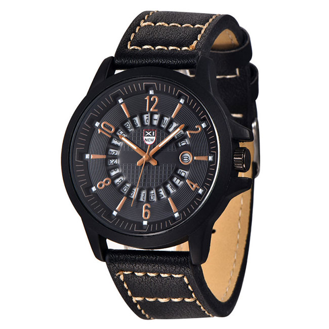 Ceas XINEW Barbatesc Quartz Casual Elegant Bej, PN999866BJ, curea din piele, afisaj Analog