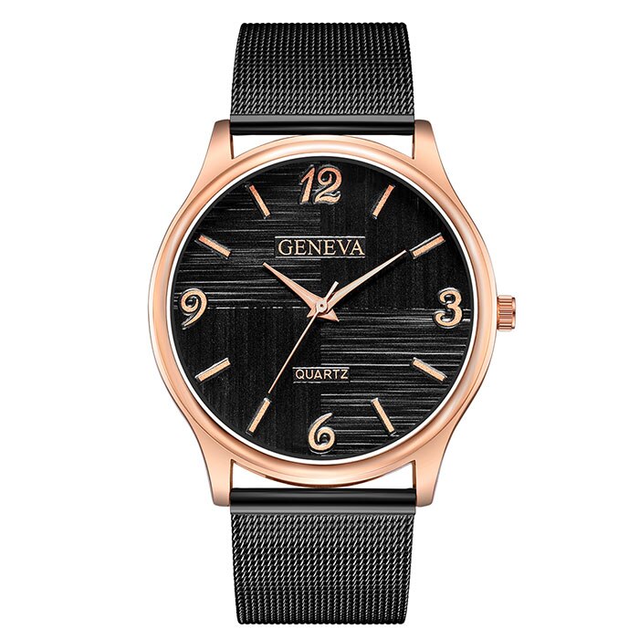 Ceas Geneva Unisex Quartz Casual Elegant Negru-rose, PN999428NRE, curea din metal (mesh), afisaj Analog