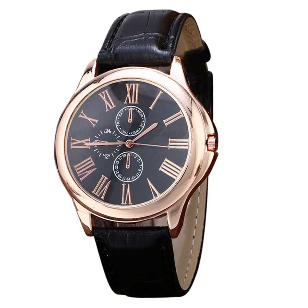 Ceas Geneva Unisex Quartz Casual Elegant Rosegold-negru, PN999674RU, curea din piele, afisaj Analog