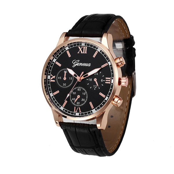 Ceas Geneva Unisex Quartz Casual Elegant Negru, PN999381NU, curea din piele, afisaj Analog