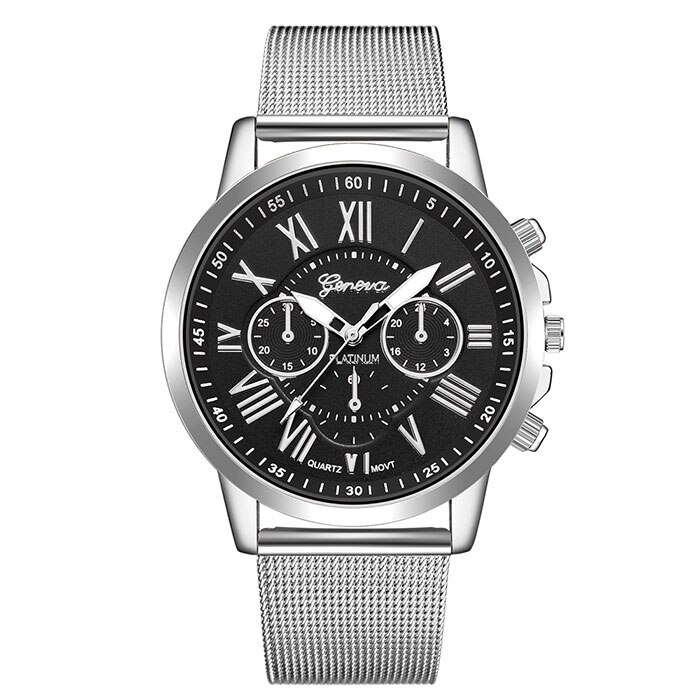 Ceas Geneva Unisex Quartz Casual Elegant Argintiu/negru, PN999437SNU, curea din metal (mesh), afisaj Analog