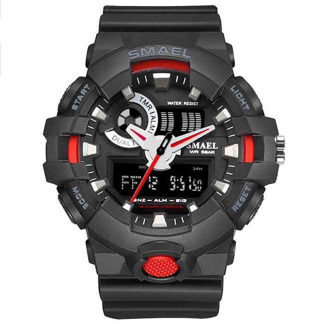 Ceas SMAEL Unisex Quartz Sport Rosu, PN999456RU, curea din silicon, afisaj Hibrid