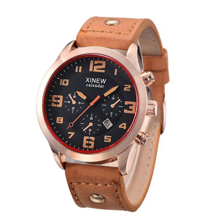 Ceas XINEW Barbatesc Quartz Casual Elegant Orange, PN999882OE, curea din piele, afisaj Analog