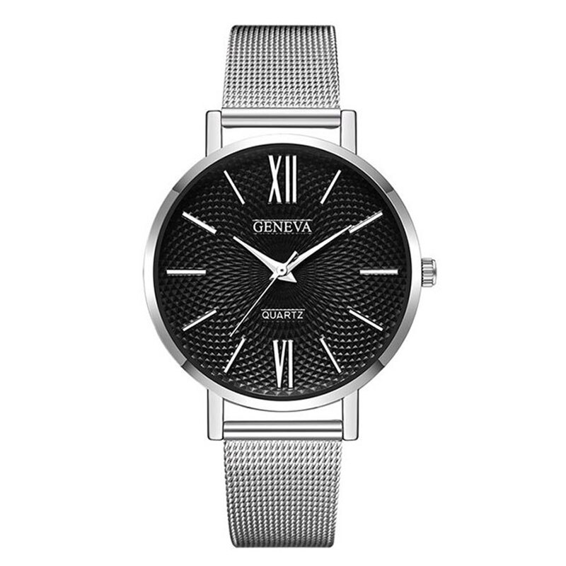 Ceas Geneva Unisex Quartz Casual Elegant Argintiu/negru, PN999423SNU, curea din metal (mesh), afisaj Analog