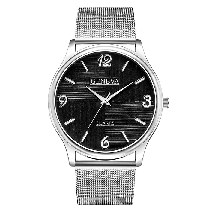 Ceas Geneva Unisex Quartz Casual Elegant Silver-negru, PN999428SNU, curea din metal (mesh), afisaj Analog
