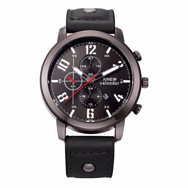 Ceas XINEW Barbatesc Quartz Casual Elegant Negru, PN999678NU, curea din piele, afisaj Analog