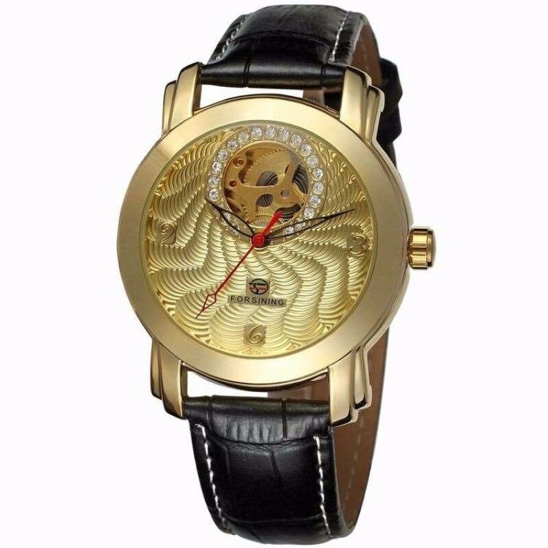 Ceas Forsining Unisex Automatic Casual Elegant Gold-negru, PN999245GNU, curea din piele, afisaj Analog