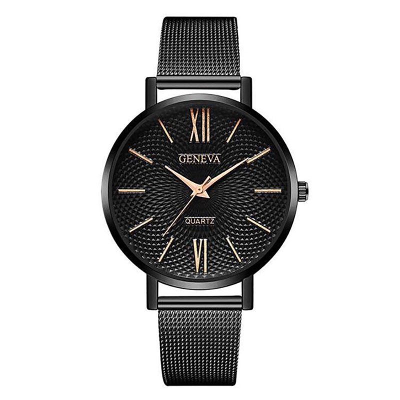 Ceas Geneva Unisex Quartz Casual Elegant Negru/rose, PN999423NRE, curea din metal (mesh), afisaj Analog