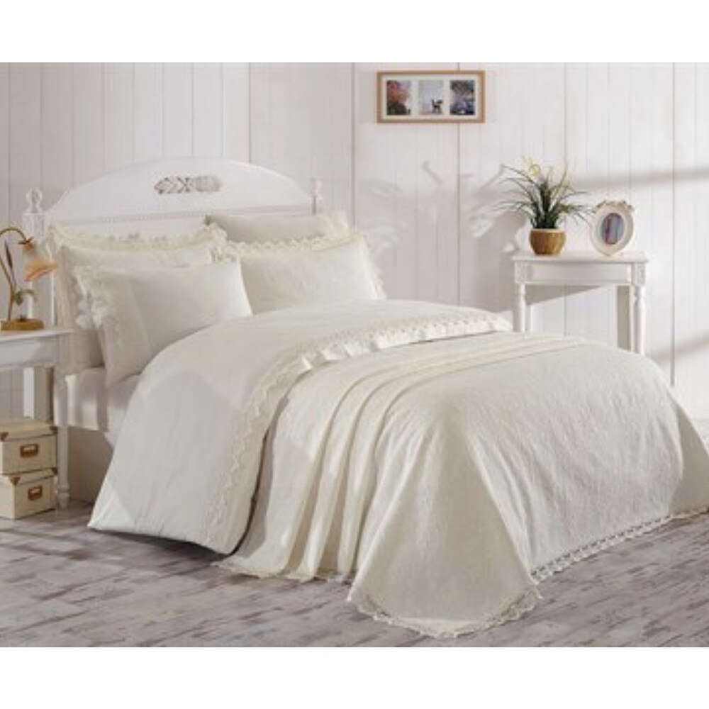 Lenjerie de pat ELITE KREM, cuvertura pat si lenjerie de pat, de lux, 7 piese, 200x220 / 50x70, 100% bumbac