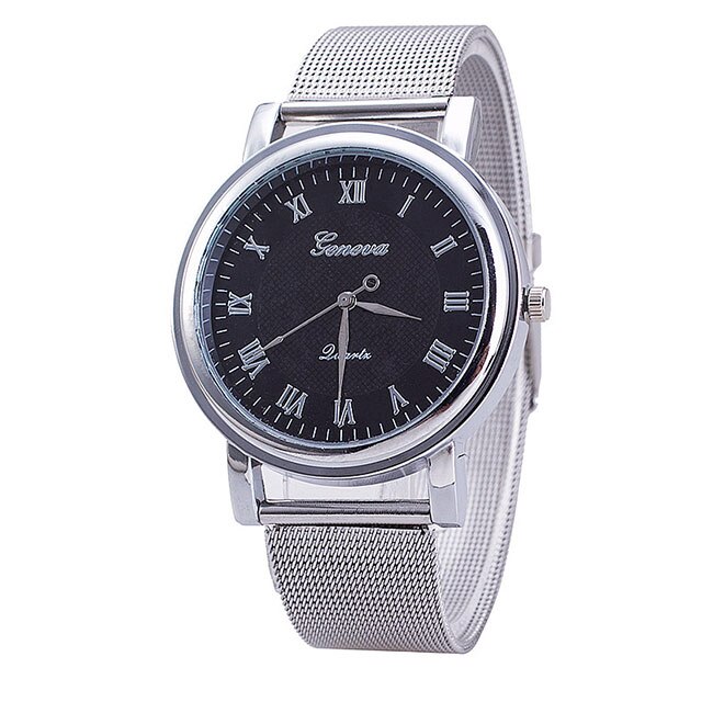 Ceas Geneva Dama Quartz Casual Elegant Silver-negru, PN999596SNU, curea din metal (mesh), afisaj Analog