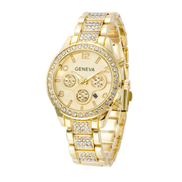 Ceas Geneva Dama Quartz Casual Elegant Gold, PN999903GD, curea din metal (zale), afisaj Analog