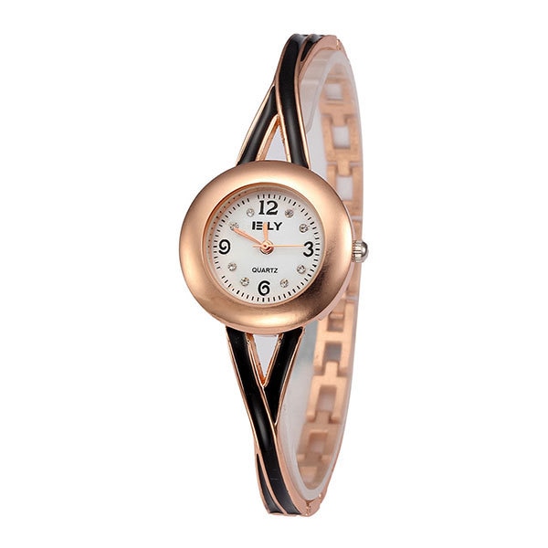 Ceas E-LY Dama Quartz Casual Elegant Rosegold-negru, PN999205RU, curea din metal (zale), afisaj Analog
