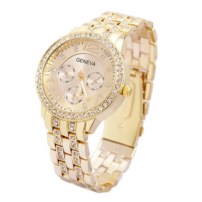 Ceas Geneva Dama Quartz Casual Elegant Auriu, PN999163GD, curea din metal (zale), afisaj Analog