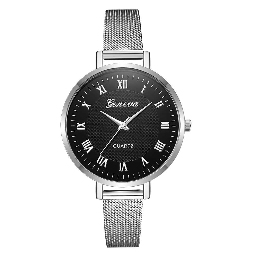 Ceas Geneva Dama Quartz Casual Elegant Argintiu/negru, PN999416SNU, curea din metal (mesh), afisaj Analog