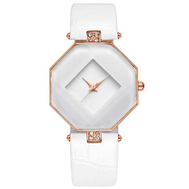 Ceas Geneva Dama Quartz Casual Elegant Alb, PN999855AB, curea din piele, afisaj Analog