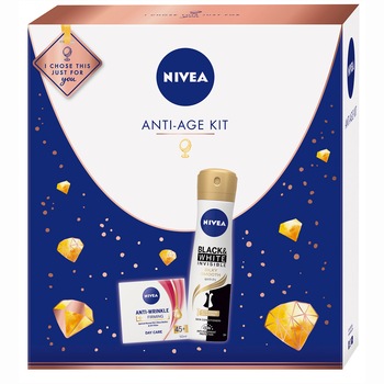 Set ingrijire corp si fata Nivea Anti-Age: Deodorant spray Black&White Invisible Silky Smooth, 150 ml + Crema de zi antirid si fermitate 45+, 50 ml Set ingrijire corp si fata Nivea Anti-Age: Deodorant spray Black&White Invisible Silky Smooth, 150 ml + Crema de zi antirid si fermitate 45+, 50 ml
