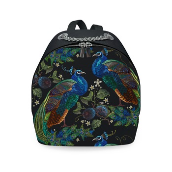 Rucsac din piele naturala cu imprimeu, Colloris, RD-01 Paun 01, Negru Rucsac din piele naturala cu imprimeu, Colloris, RD-01 Paun 01, Negru