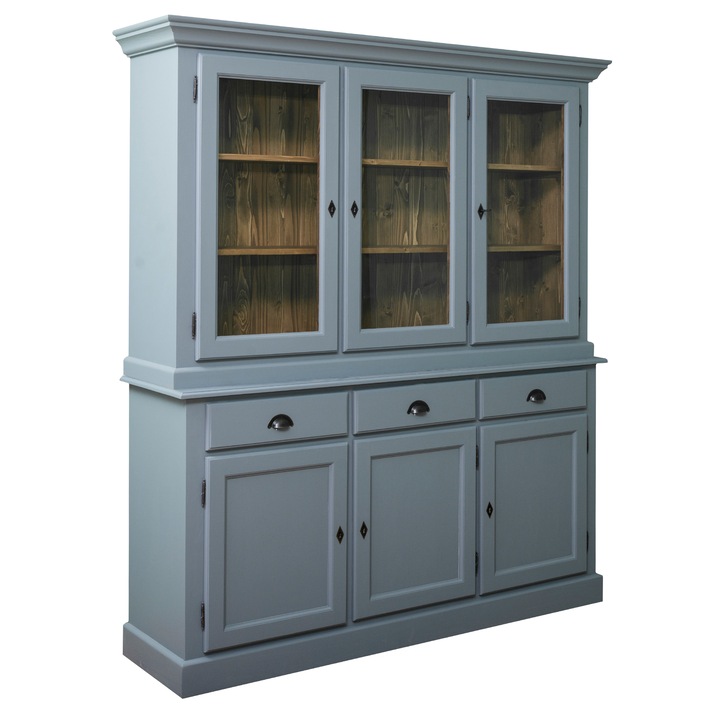 Bufet Szel-Mob cu 3 usi, 3 sertare, 3 usi sticla, culoare albastru inchis / natural, 100% lemn masiv, 178 x 45 x 200 cm