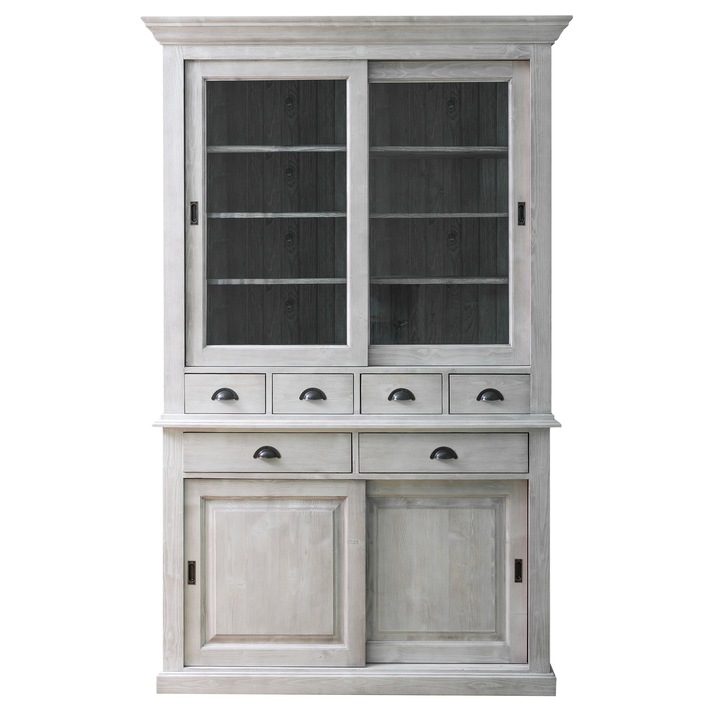 Bufet Szel-Mob cu 2 usi glisante, 2 sertare + 4 sertare, 2 usi sticla glisante, culoare gri, 100% lemn masiv, 142x48x225 cm