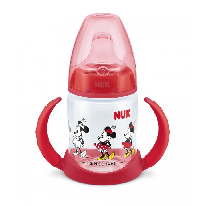 Бебешко шише с накрайник и дръжки Nuk, First Choice, Minnie Mouse, 215261, 150 мл, 6-18 месеца, Червен