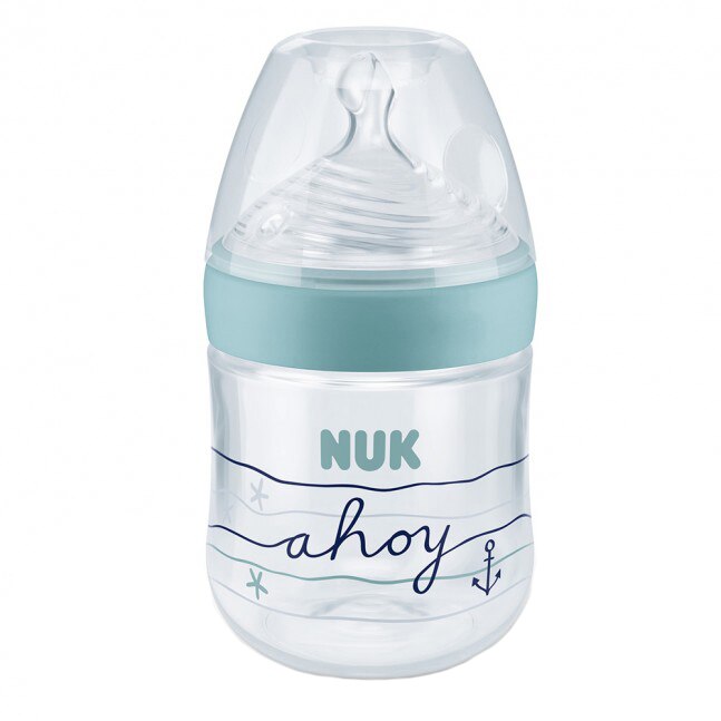 Biberon din polipropilena cu tetina din silicon 150 ml 0-6 luni Nuk Nature Sense Beach 743838, Verde