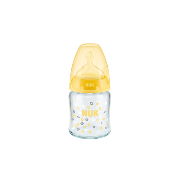 Стъклено шише със силиконов биберон 120 ml Nuk First Choice+ 747092, Жълто 0-6 месеца