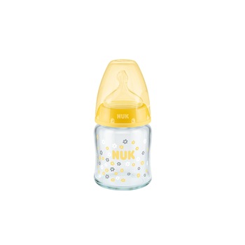 Biberon din sticla cu tetina din silicon 120 ml Nuk First Choice+ 747092, Galben 0-6 luni Biberon din sticla cu tetina din silicon 120 ml Nuk First Choice+ 747092, Galben 0-6 luni