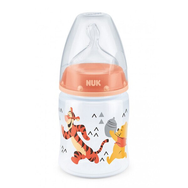 Biberon din polipropilena cu tetina din silicon 150 ml 0-6 luni Nuk First Choice+ Winnie The Pooh 743736P, Portocaliu