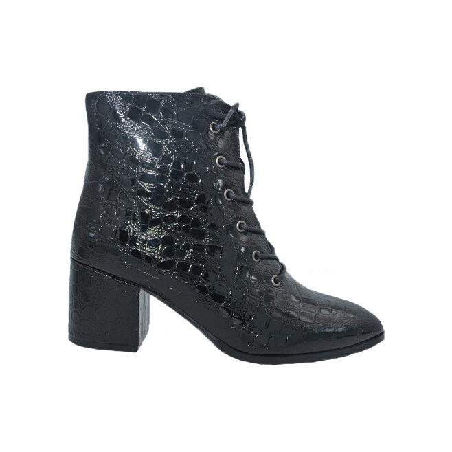 Botine Emelline cu design stone din piele ecologica lucioasa,D&J Exclussive, Negru