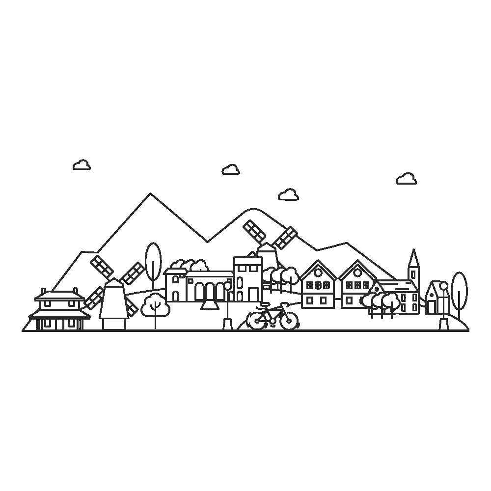 Sticker decorativ modern, Sat cu munti, nori si case, PVC autocolant, Negru, 100 x 40 cm