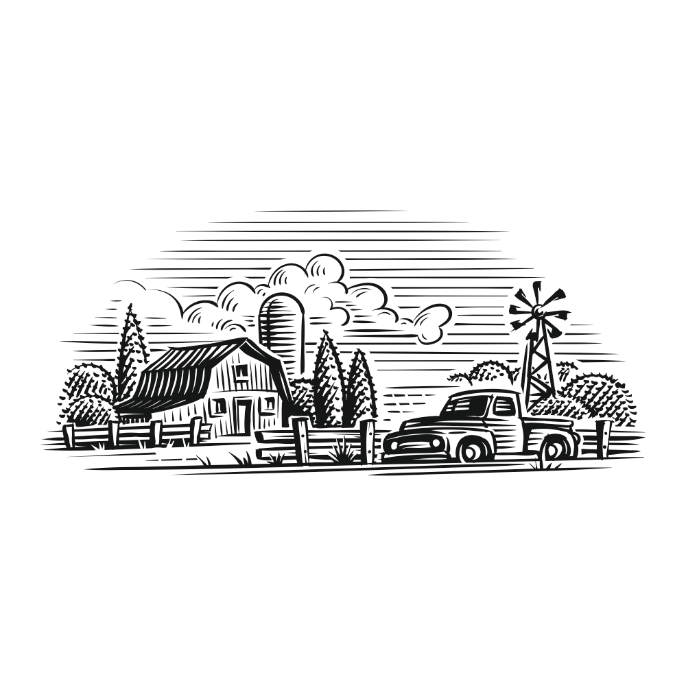 Sticker decorativ modern, Schita Hambar, Masina si natura, PVC autocolant, Negru, 100 x 44 cm