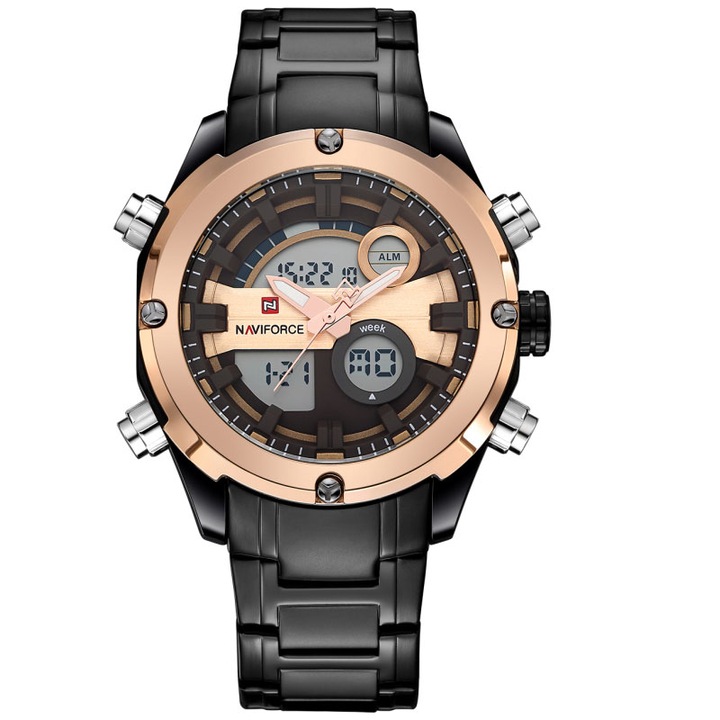 Ceas NAVIFORCE Barbatesc Quartz Casual Elegant Rosegold-negru, PN999941RNU, curea din metal (zale), afisaj Hibrid