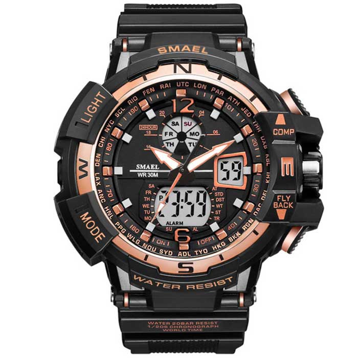 Ceas SMAEL Unisex Quartz Sport Rosegold-negru, PN999982RNU, curea din silicon, afisaj Hibrid