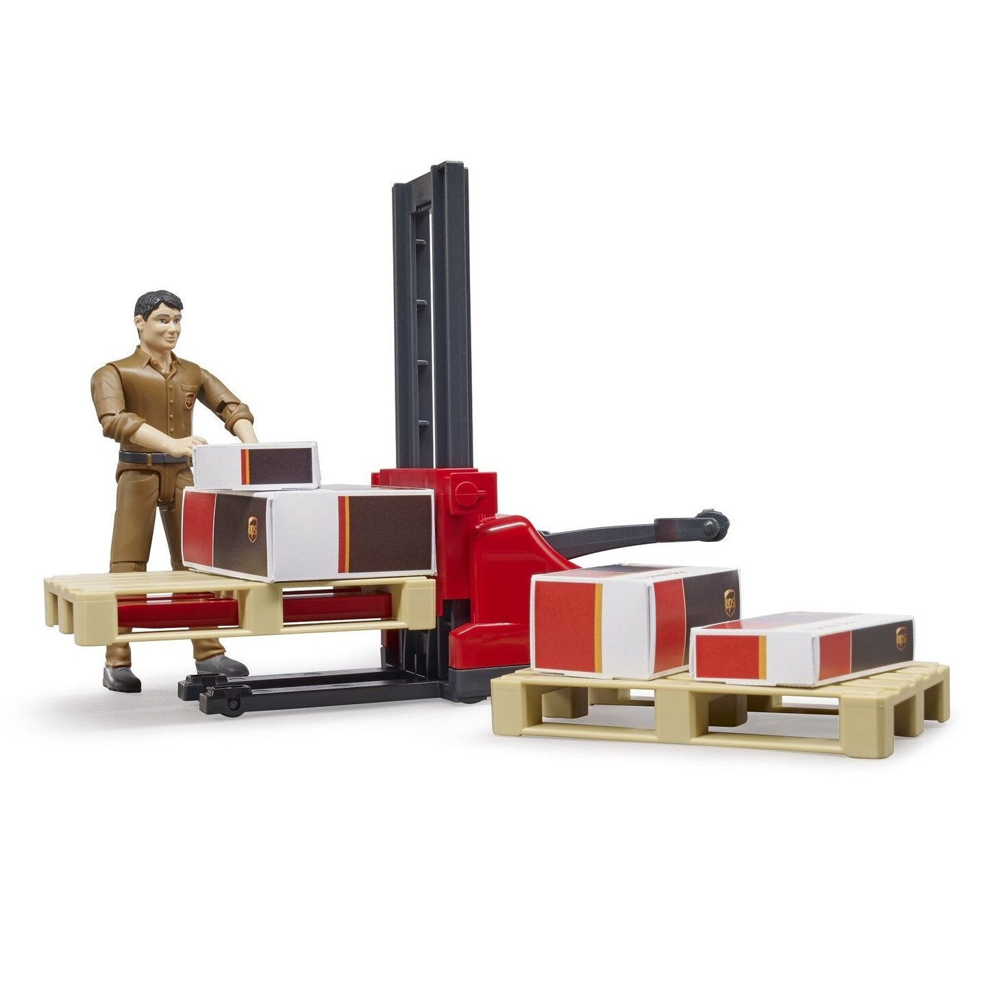 Figurina Bruder lucrator logistica UPS cu transpalet manual si accesorii 62210