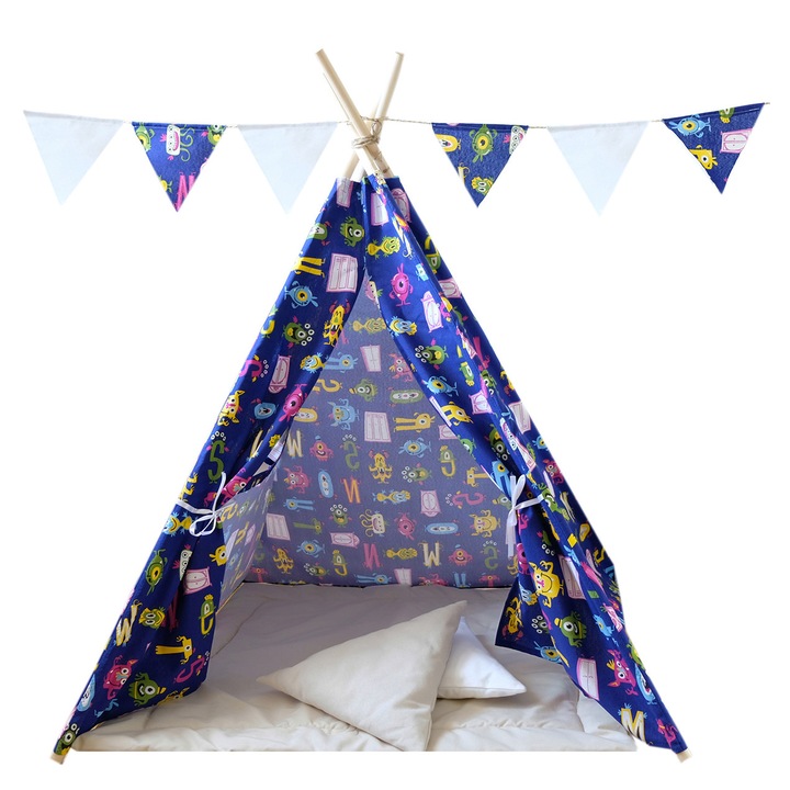 Set cort copii, Cort + Saltea + 2 Pernute + Ghirlanda cu stegulete CADOU, Loofy Teepee Monster