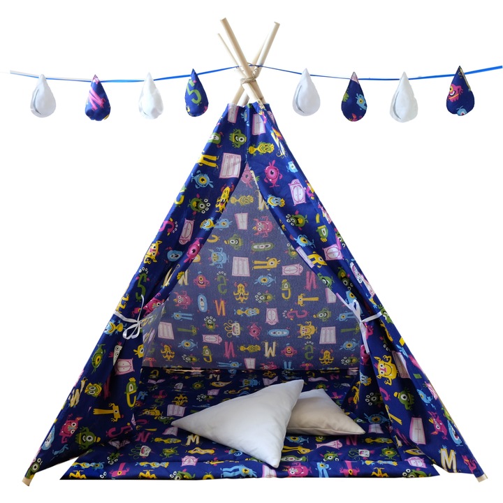 Set cort copii, Cort + Saltea + 2 Pernute + Ghirlanda cu picaturi CADOU, Loofy Teepee Monster
