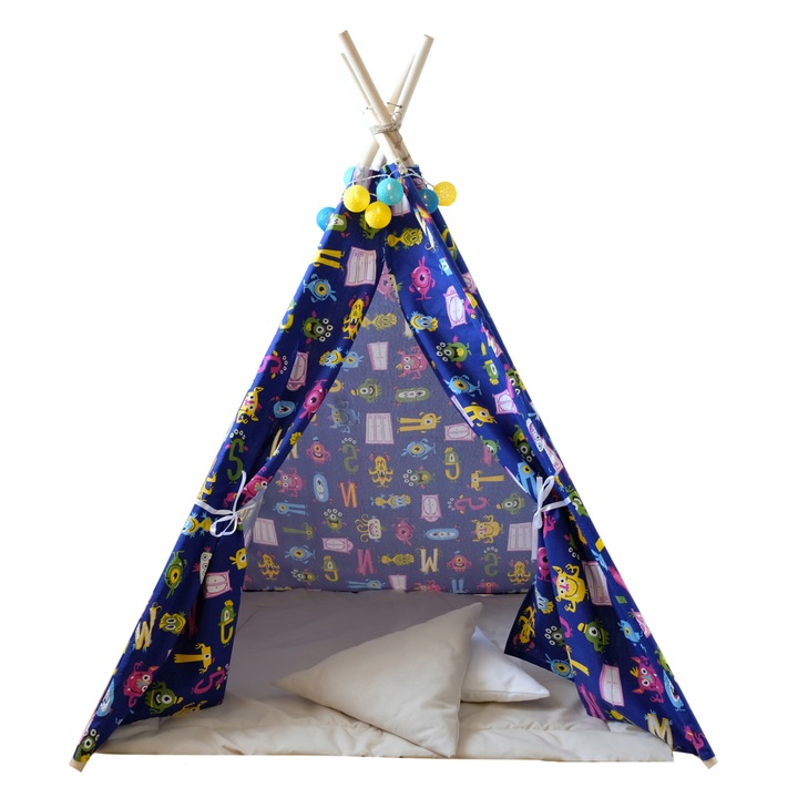 Set cort copii, Cort + Saltea + 2 Pernute + Ghirlanda cu luminite, Loofy Teepee Monster