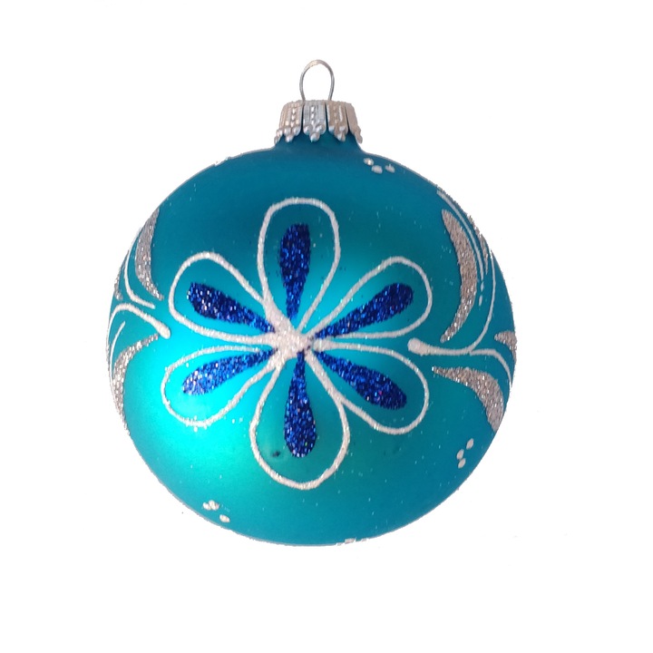 Set globuri de Craciun din sticla pictat manual, Colartis, turcoaz , 80mm, 9buc/set