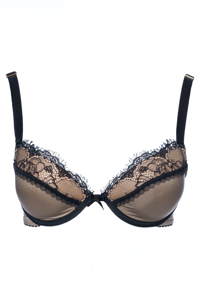 Sutien cu burete subtire din microfibra si dantela, din colectia frantuzeasca de Lux, Bon-Bon Muse, Gri/Negru, 70C