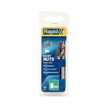 Piulite Nit Tubulare cu filet interior Rapid M6, diametru 9mm, otel cromat, burghiu HSS inclus, 20 buc/blister 5000673 Piulite Nit Tubulare cu filet interior Rapid M6, diametru 9mm, otel cromat, burghiu HSS inclus, 20 buc/blister 5000673