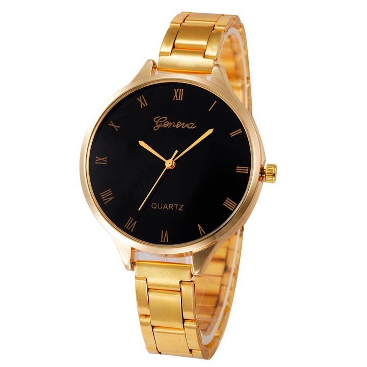 Ceas Geneva Dama Quartz Casual Elegant Gold-negru, PN999965GNU, curea din metal (zale), afisaj Analog