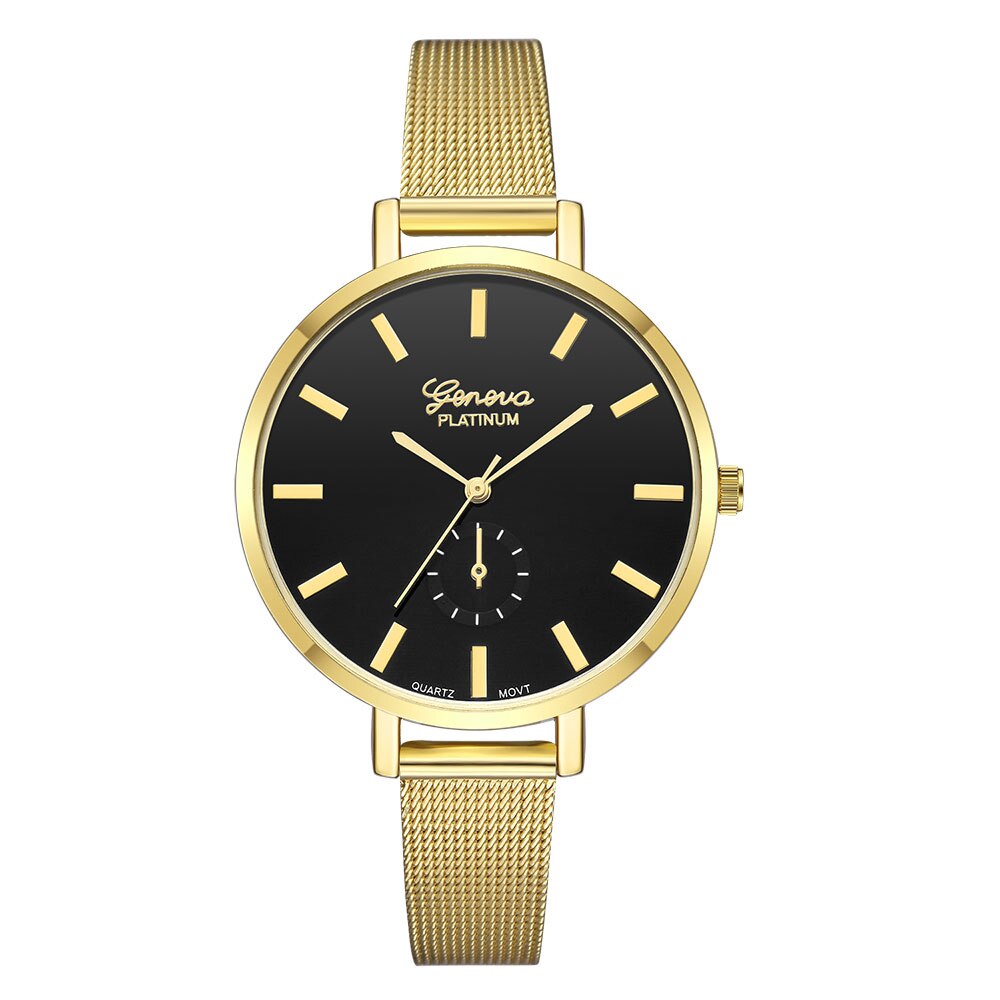 Ceas Geneva Dama Quartz Casual Elegant Gold-negru, PN999421GNU, curea din metal (mesh), afisaj Analog