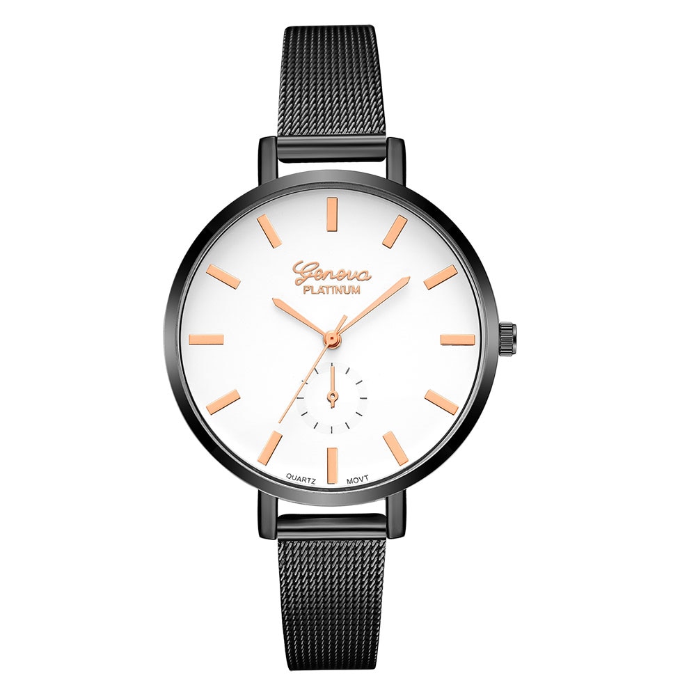 Ceas Geneva Dama Quartz Casual Elegant Alb-negru, PN999421ANU, curea din metal (mesh), afisaj Analog